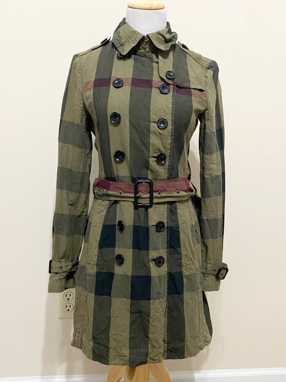 Burberry Brit Check Belted Double Breasted Trench Coat Olive Green